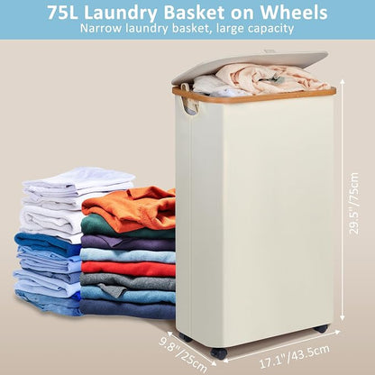 efluky Slim Laundry Basket with Wheels, Tall Rolling Laundry Hamper with Lid and Removable Bag, Aesthetic Dirty Clothes Hamper on Wheels for Laundry Room, Bedroom, Dorm and Bathroom,75L Beige