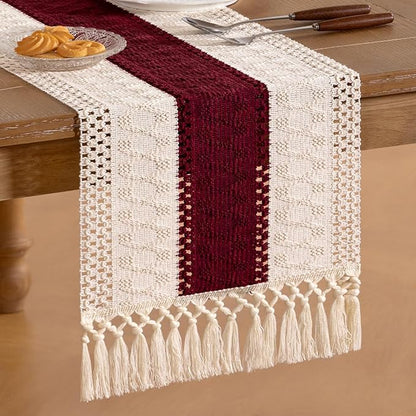 Socomi Boho Table Runner Macrame Valentine's Day Farmhouse Woven Cotton Linen Rustic Coffee Table Runner with Tassels for Dresser Scarf Home Decor Dining Room 12x90 in Burgundy Ivory