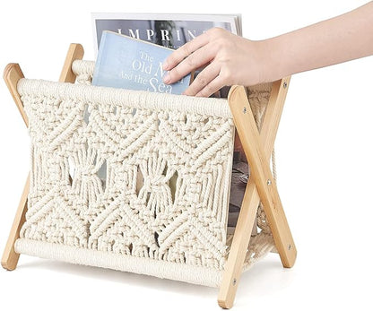 Mkono Macrame Magazine Rack Boho Storage Holder Standing Basket for Books, Newspapers, Swaddle Blanket, Dorm Essentials, Living Room, Bathroom, Office, Nursery, Home Decor, Small Size, 11.2”L x 7.5”W