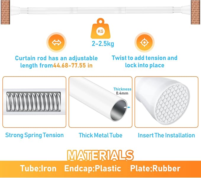 MEXAU 2 Pack White Tension Curtain Rod 45-77 Inch Shower Rod 7/8" Shower Curtain Rod Adjustable Spring Curtain Rods No Drilling Spring Rod Shower Curtain Tension Rod for Bathroom Windows Doorways