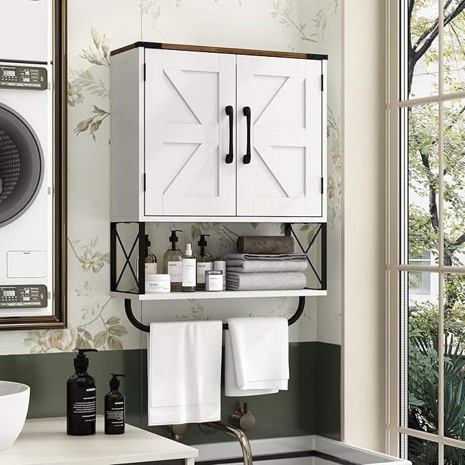 RUSTOWN Farmhouse Medicine Cabinet with 2 Barn Door, Boho Wood Wall Mounted Storage Cabinet with Adjustable Shelf and Towel Bar, 3-Tier Bathroom Cabinet for Bathroom (White and Walnut)