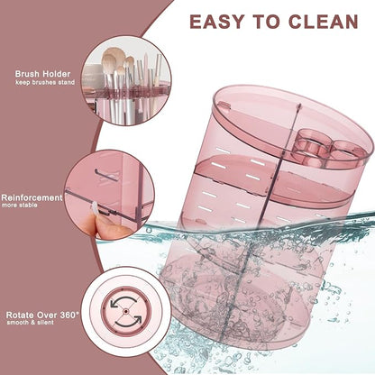 Rotating Makeup Organizer, DIY 8 Adjustable Layers Spinning Skincare Storage, Cosmetic Display Case with Brush Holder and Perfume Tray, Multi-Function Vanity Bathroom Countertop Organizer Clear Pink