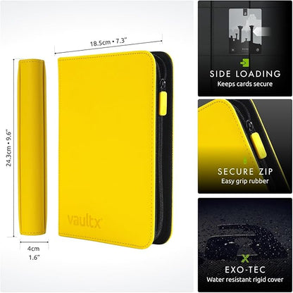 Vault X 4 Pocket Zip Binder, 160 Cards, Exo-Tec Material, 20 Side-Loading Pages (Yellow)