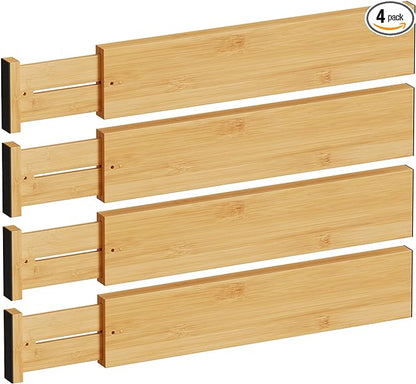 BAMEOS Bamboo Expandable Drawer Dividers – Fits 16.65"–22" Drawers, 4" Extra Deep Walls, Set of 4 | Maximum-Height Spring-Loaded Organizer for Deep Kitchen, Bathroom & Dresser Drawers