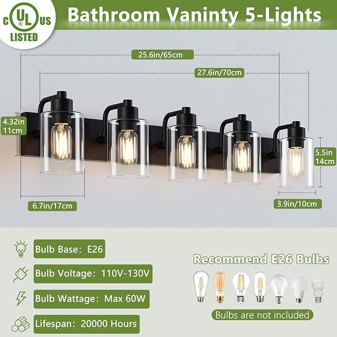 Matte Black Bathroom Light Fixtures,5-Light Bathroom Lights Over Mirror with Clear Glass Shade,Wall Sconces for Bathroom, Bedroom, Hallway