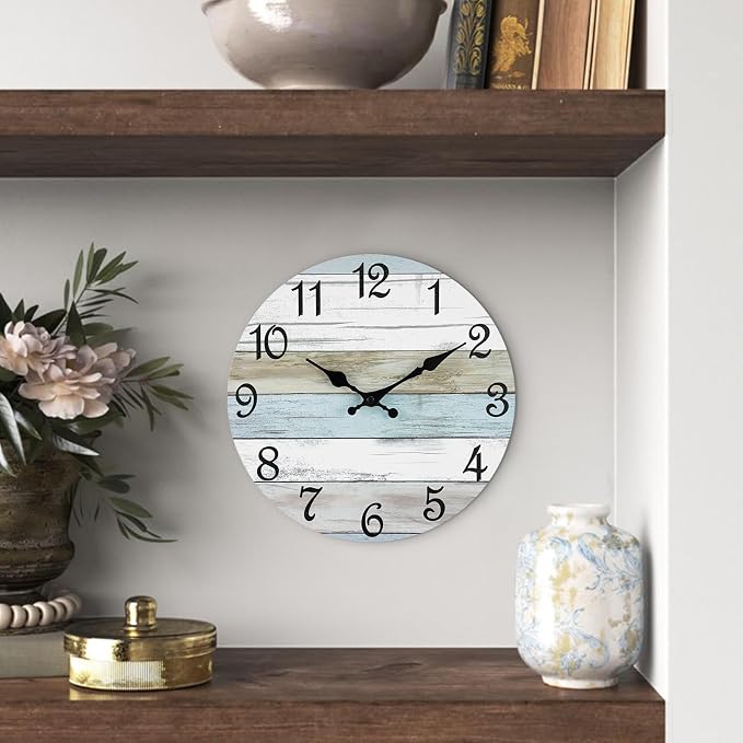 CHYLIN Wall Clock 14 Inch Bathroom Clock, Rustic Wall Clocks Battery Operated, Silent Non Ticking Wooden Coastal Beach Clock for Kitchen, Living Room, Bedroom, Office (White)