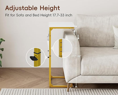 Vagusicc C Shaped End Table with Charging Station, Adjustable Height Side Table for Couch, Sofa Tables Laptop Couch Side Desk, Slide Under Sofa TV Tray Arm C Table for Living Room Bedroom, Golden