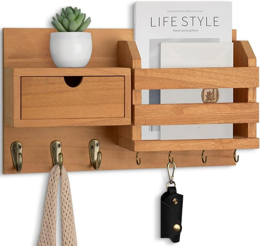 Lwenki Wall Mount Key Holder with Mail Organizer, 100% Paulownia Wood, 7 Metal Hooks, Storage Drawer, Entryway Home Decor