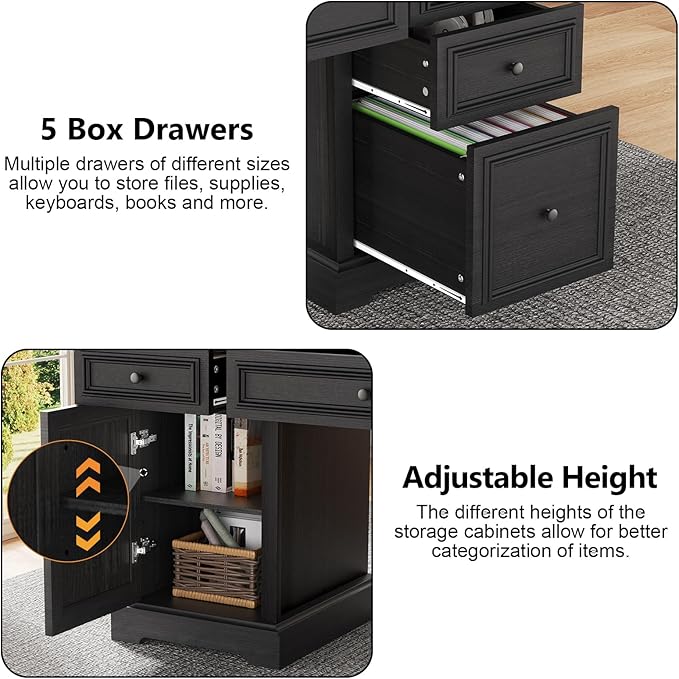 Vipbear 60" Executive Desk, Farmhouse Computer Desk with Drawers and File Cabinet, Embossed Texture Home Office Desks, Workspace for Work Study Writing, Black