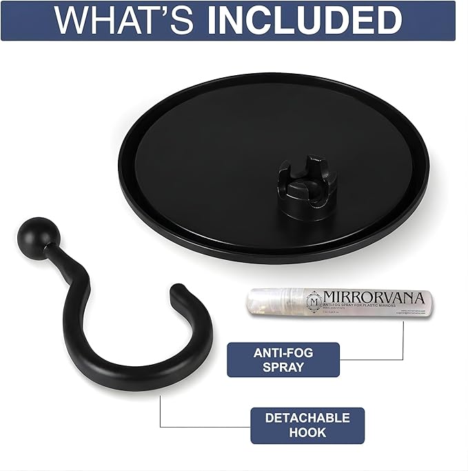 MIRRORVANA Hangable Round Fogless Shower Shaving Mirror with 360° Swivel Rotatable Hook for Hanging and Bonus Anti-Fog Spray - Anti Fog and Shatterproof Surface, 6.7" Diameter (Black)