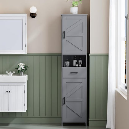 Homhedy 67" H Tall Bathroom Storage Cabinet with 2 Barn Doors and 1 Drawer, Narrow Storage Unit, Adjustable Shelves, Floor Cabinet for Bathroom, Living Room, Entryway, Kitchen, Gray, (15.7" W)