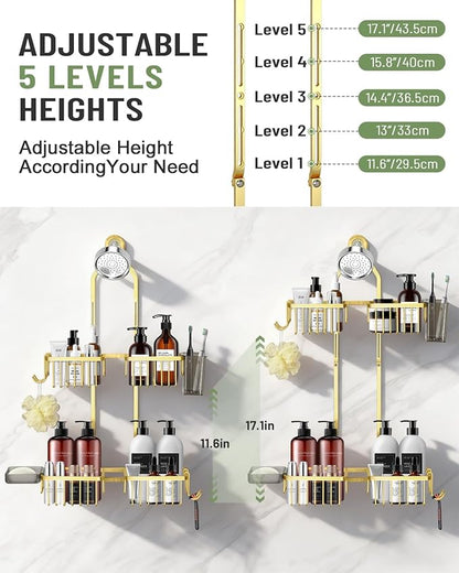 Adjustable Shower Caddy Hanging for Handheld Showerheads - Never Rust Shower Hanging Organizer, Upgraded Bathroom Shower Rack with Soap Basket, Hooks and Toothbrush Holder (Gold)