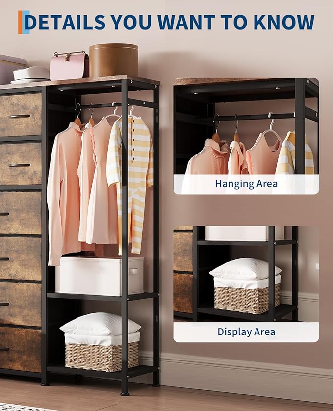 GarveeHome Dresser with 16 Drawers & Hanging Rod & Shelves, Fabric Storage Organizer for Bedroom, Closet, or Entryway
