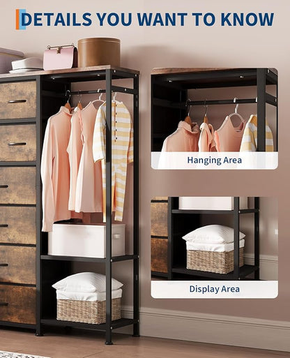 GarveeHome Dresser with 16 Drawers & Hanging Rod & Shelves, Fabric Storage Organizer for Bedroom, Closet, or Entryway