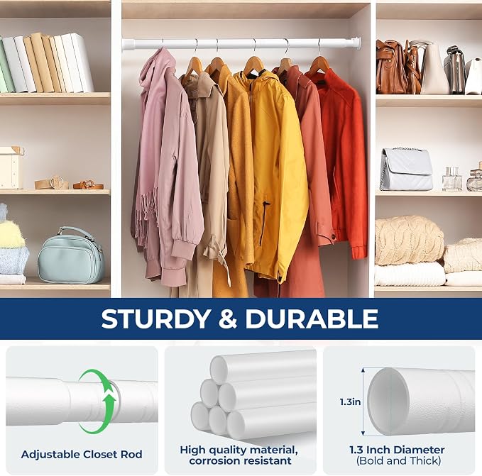 Mavivegue Closet Rod 17 to 28 Inch Adjustable Closet Rods for Hanging Clothes, Heavy Duty Tension Rod, Black Curtain Rod, for Closet, Wardrobes, Bathroom, Laundry (White, 17-28IN)