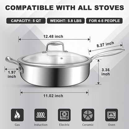 EWFEN 12 Inch Tri-Ply Stainless Steel Frying Pan, Compatible with All Cooktops Up to 600℉, Large Frying Pan with lids, Induction-Ready Skillet, Dishwasher and Oven Safe, Even Heat, 12" Pan+Handle+Lid