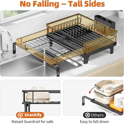Urackify Dish Drying Rack - Large Dish Racks for Kitchen Counter, Extendable Sink Dish Drainer, Rustproof Dish Strainer with Utensil Holder, 1 Tier Black