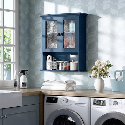 Wall Mount Bathroom Storage Cabinet, Medicine Cabinet with Tempered Glass Door and Buffering Hinge Over Toilet Storage Cabinet Wall Mounted Organizer Above Toilet Storage (Ultramarine)