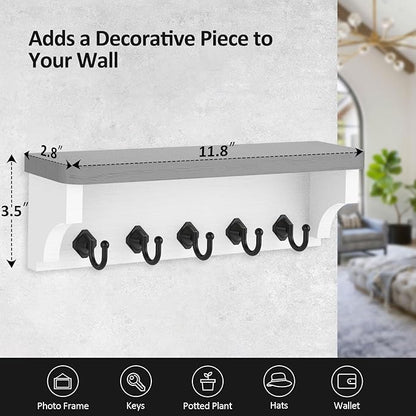 Nekon Key Holder for Wall, 11.8" W x 3.5" H x 2.8" D Decorative Key Organizer with Floating Shelf, Wall Mount Key Rack with 5 Hooks (Gray)