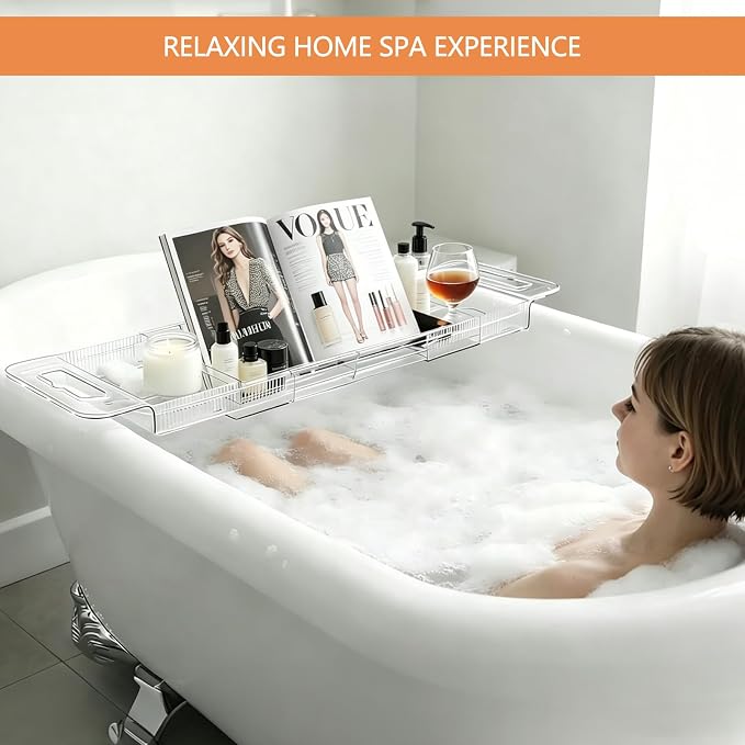 Expandable Bathtub Tray Caddy,Clear Acrylic Bath Tray for Tub,Bath Tub Table Tray with Book&Tablet&Phone Holder,Foldable Bath Shelf Over Tub,Bath Accessories&Bathtub Organizer for Luxury Home Spa
