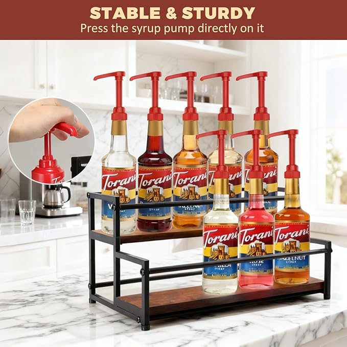 Coffee Syrup Rack Organizer, 2-Tier | Metal Bottle Holder, 10 Bottles Capacity, Rustic Countertop Display Shelf, For Coffee Bar, Kitchen Cabinet, Pantry