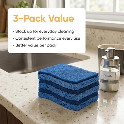 Superio Non-Scratch Cellulose Sponge Scrub (12-Pack) Heavy Duty Kitchen Sponges Scrubbers with Scouring Pad (Blue)