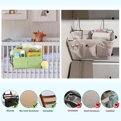 Surblue Bedside Caddy Hanging Bed Organizer Storage Bag Pocket for Bunk and Hospital Beds, College Dorm Rooms Baby Bed Rails, Camp 4 Pockets and 2 Hooks (Small,Sage Green)