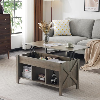 VINGLI Farmhouse Lift Top Coffee Table, Rustic Grey with Storage Shelf/Hidden Compartment, Mesa De Centro para Sala, Rustic Brown (Grey, 40" L)