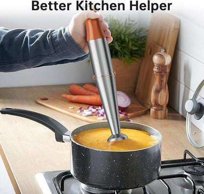 Turelar Immersion Blender Handheld Corded Hand Blenders Set 1100W, Trigger Variable Speed 5 in 1 Stick Emulsifier with Chopper, Whisk and Frother for Soup, Baby Food and Smoothies, Orange