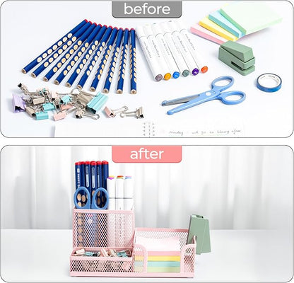 M&G Mesh Pen Holder Desk Organizers Pencil Holder for Desk Pink, 3 Compartments Metal Office Supply Organizer with Sticky Notes Holder for Home Office