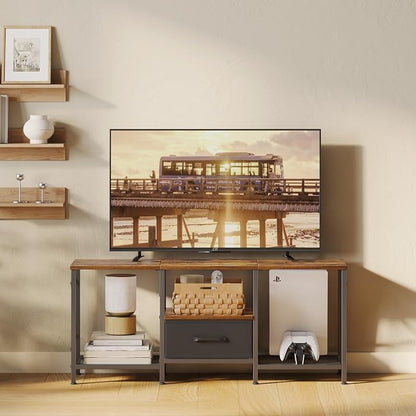 JARHETUN TV Stand with Fabric Drawer, Entertainment Center for 50 55 Inch TV, Industrial TV Console Table with Open Storage Shelves for Living Room, Bedroom, Rustic Brown