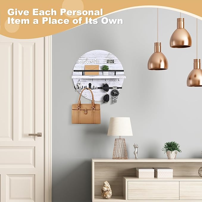 Key Holder for Wall, Round Wooden Rustic Key and Mail Organizer for Wall - Key Holder Wall Mount for Entryway, Mudroom, Hallway, Kitchen, Office - Home Decor (Pale White)