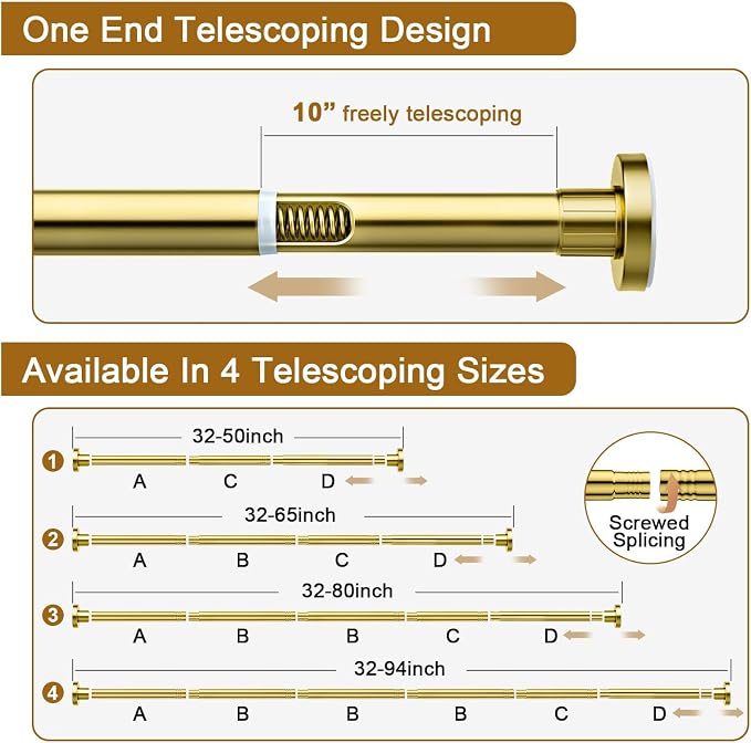 Ausemku Shower Curtain Rod 32-50 Inch Adjustable - 1 Inch Diameter Heavy Duty No drill Spring Tension Shower Rod, Non-Slip Rustproof Telescopic Rod for Bathroom, Gold