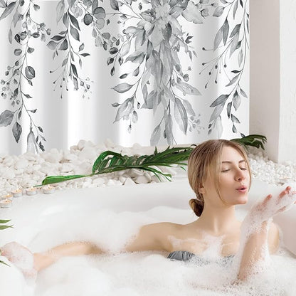 Gibelle Long Shower Curtain 72 x 78, Grey Floral Shower Curtain for Bathroom, Watercolor Plant Eucalyptus Leaves Fabric Shower Curtain Set