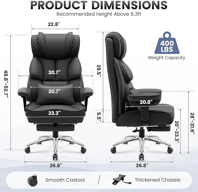 Office Desk Chair, Big and Tall Leather Gaming Chair with Footrest, Wide Ergonomic Comfy Executive High-Back Reclining Computer Chairs, Swivel Rolling Wheels and Padded Lumbar Support, Black