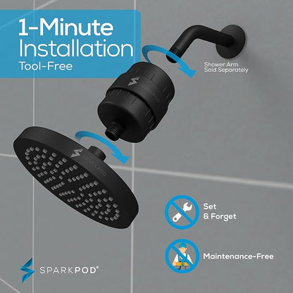 SparkPod 23-Stage Filtered Shower Head, 6" Round, Black Matte | Filtered Shower Head for Hard Water Filter, High Pressure, Reduces Chlorine, Heavy Metals, For Dry Skin & Hair