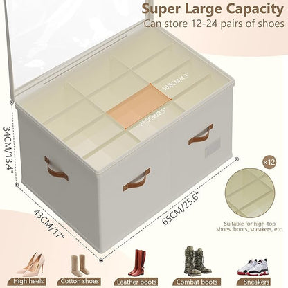 Shoe Organizer for Closet, 2 Pack Shoe Storage Bins Foldable Shoe Storage Box Containers with Clear Cover and Sturdy Handles, Shoe Rack for Closet Storage for Sneakers Heels Slippers, Fit 12-24 Pairs