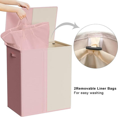 WOWLIVE Double Laundry Baseket with Lid and Removable Laundry Bags,154L Large Laundry Hamper 2 Section Collapsible Dirty Clothes Hamper for Laundry Room,College Dorm,Bathroom,Pink and Beige