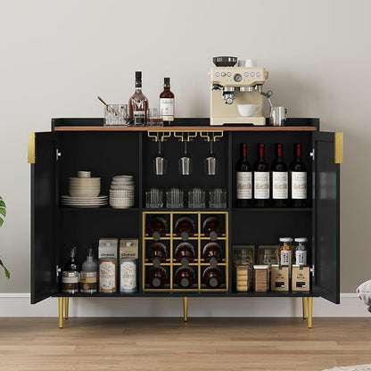 ARTPOWER 48" Wine Bar Cabinet with Fluted Texture, Modern Buffet Sideboard with Wine Rack and Glass Holder, Liquor Coffee Station with Storage for Kitchen, Living Room, Home Bar, Black