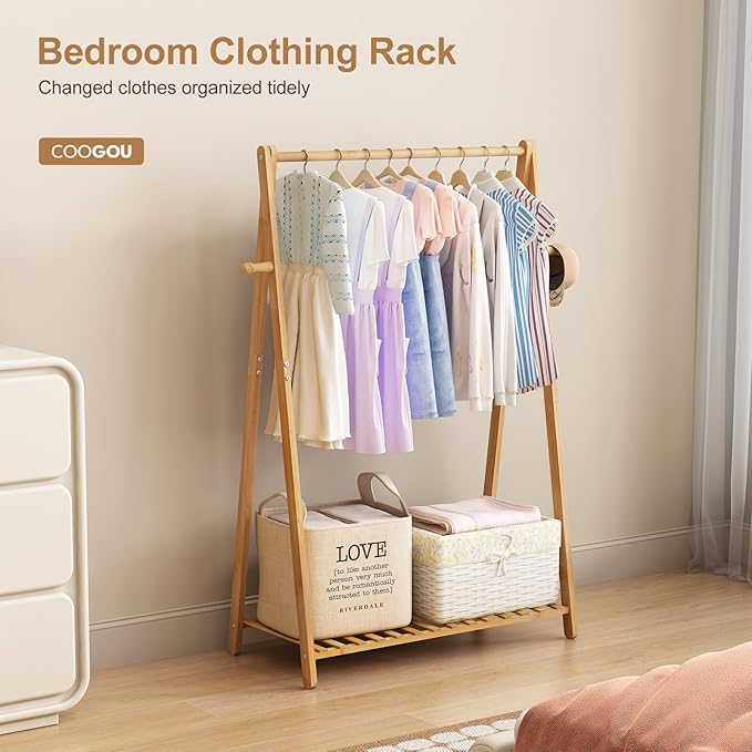 Small Clothes Hanging Racks,Bamboo Wood Kids Clothing Garment Racks for Cloths,Free Standing Dress Costume Rack for Bedroom,Living Room, Commercial,Small Space