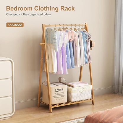 Small Clothes Hanging Racks,Bamboo Wood Kids Clothing Garment Racks for Cloths,Free Standing Dress Costume Rack for Bedroom,Living Room, Commercial,Small Space