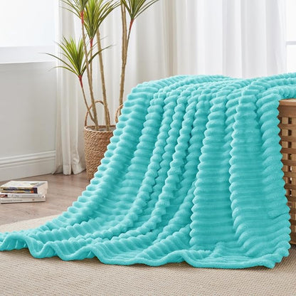 BEDELITE Twin Blanket for Couch & Bed, 300GSM Soft & Warm Fleece Blanket, Decorative and Giftable Striped Aqua Blankets for Women, Men, 60"x80"