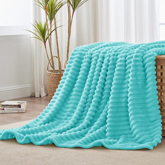 BEDELITE Fleece Throw Blanket for Couch - 300GSM Soft & Warm Fluffy Aqua Blanket, Decorative and Giftable Striped Blankets for Women, Men, 50"x60"