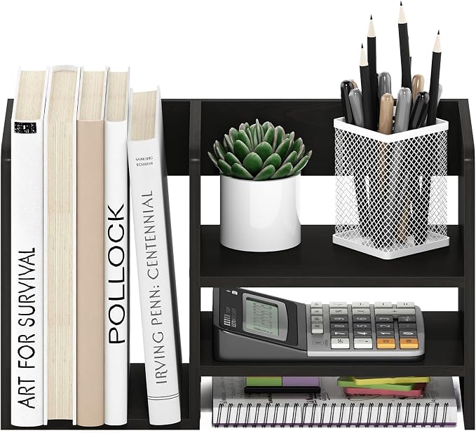 Furinno Hermite Desk Organizers, Office Organization with Accessories and Vertical File Holder, Desktop Book Shelf, for Office Supplies, Desk Accessories, for Study Room, Dorm, Black Espresso
