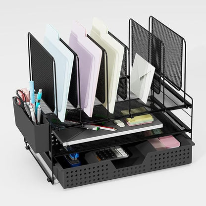 Desk Organizer, Office Organization with Vertical File Holder, File Organizer with Drawer and Pen Holder, Desk Accessories and Workspace Organizers for Home Office (Black)