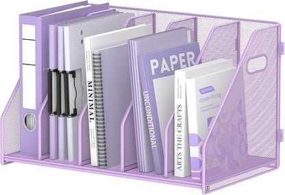 SUPEASY Binder Organizer, Magazine File Holder with 5 Vertical Compartments Rack, Metal Desk File Organizer & Binder Holders, Magazine Organizers for Office Desktop, Home, School, Classroom (Purple)