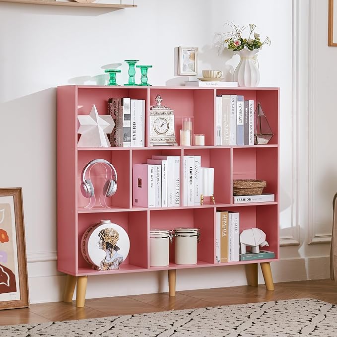 LEYAOYAO 10 Cube Bookshelf,3 Tier Modern Wide Bookcase with Legs,Mid-Century Wood Bookshelves Storage，Light Pink Large Book Case,Freestanding Organizer Display Shelf for Bedroom,Living Room,Office