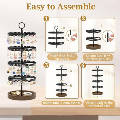 MODOWEY 4 Tier Rotating Earring Holder Organizer Display Tree with Wooden Tray, Adjustable Plastic Stand with 228 Slots for Stud Hoop Hanger, Large Capacity Storage Rack for Women Space Saving, Black