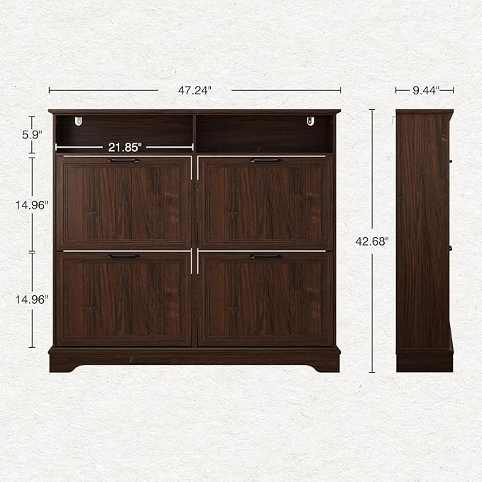 Shoe Storage Cabinet with 4 Flip Drawers, Farmhouse Modern Hidden Shoes Rack Cabinet with Adjustable Shelves & Open Storage, Narrow Slim Shoe Organizer for Front Door Entrance, Entryway, Walnut