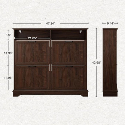Shoe Storage Cabinet with 4 Flip Drawers, Farmhouse Modern Hidden Shoes Rack Cabinet with Adjustable Shelves & Open Storage, Narrow Slim Shoe Organizer for Front Door Entrance, Entryway, Walnut